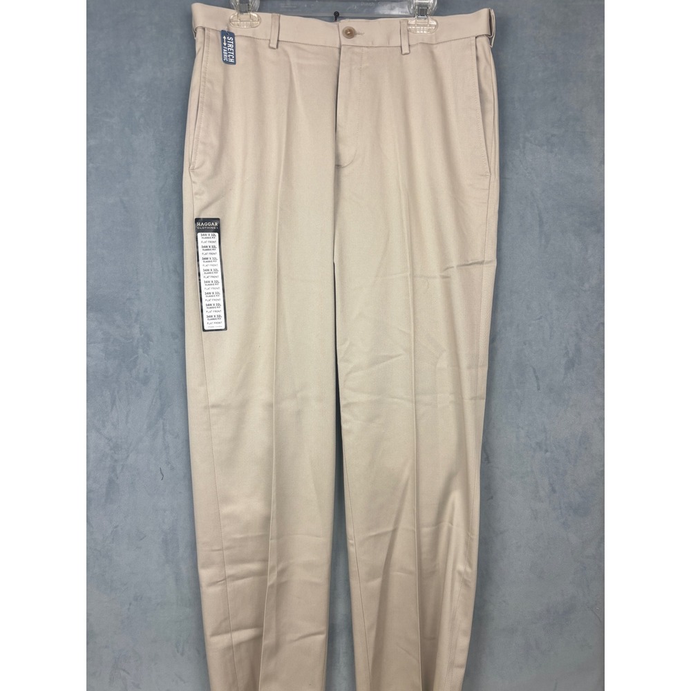 Haggar Mens 34x32 Premium No Iron Khaki Classic Fit Stretch Pants Tan HC10884